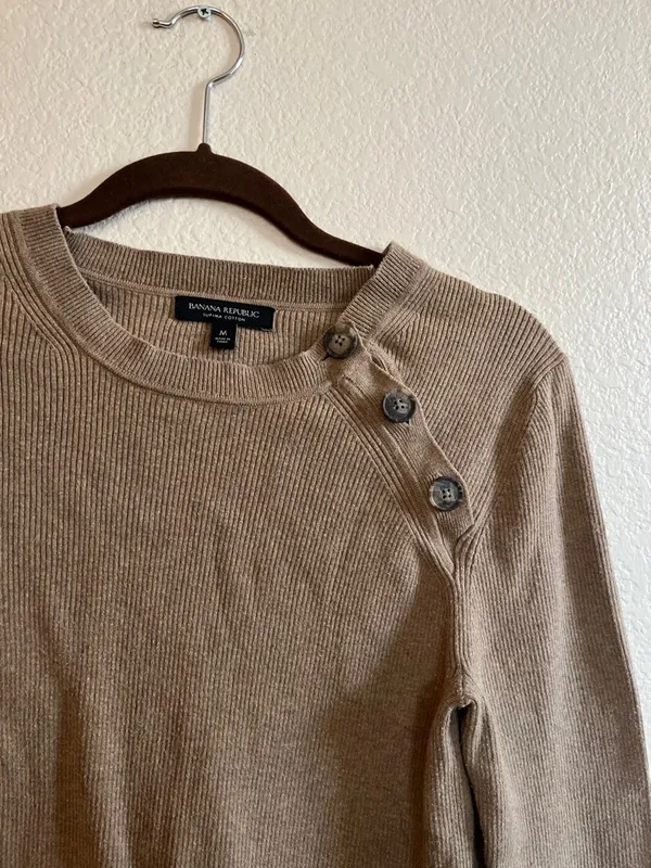 Banana Republic Taupe Ribbed Long-Sleeve cotton Top with Shoulder Buttons - Image 2