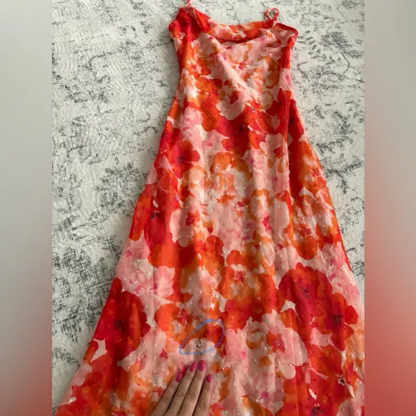 Lulus Pink Floral Swiss Dot Cowl Neck Midi Dress Size Small - Image 12