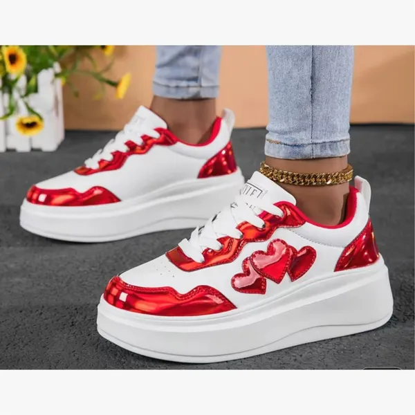 Red Heart Pattern Lightweight Sneakers Cushioned Sole 8 White - Image 6