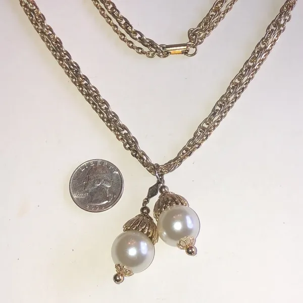 Vintage Gold Tone Double Faux Pearl Drop Necklace - Image 3