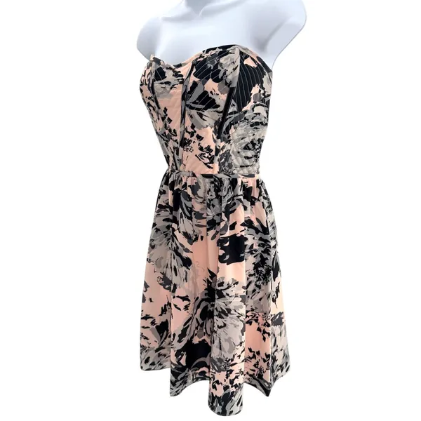 AQUA Strapless Sweetheart Floral Dress‎ Pink Charcoal Grey Whimsygoth Skater M - Image 2