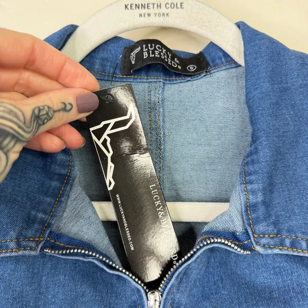 NEW Lucky & Blessed Denim Stretchy Short Sleeve Zip Up Flare Leg Jumpsuit XS - Image 11