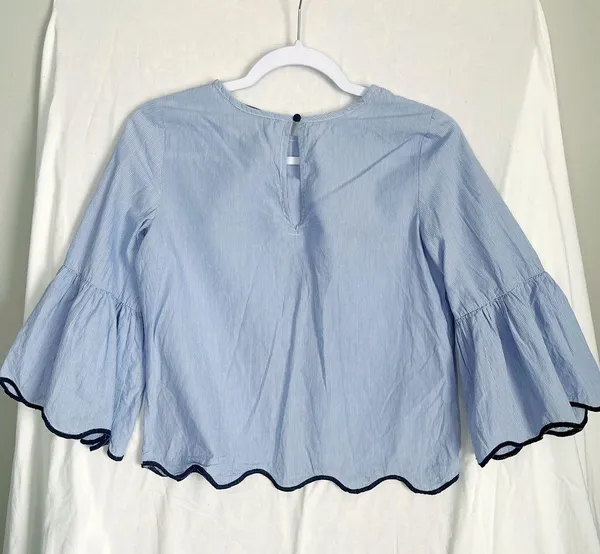 ZARA | Pinstriped Bell Sleeve Scallop Hem Top Sz XS - Image 5