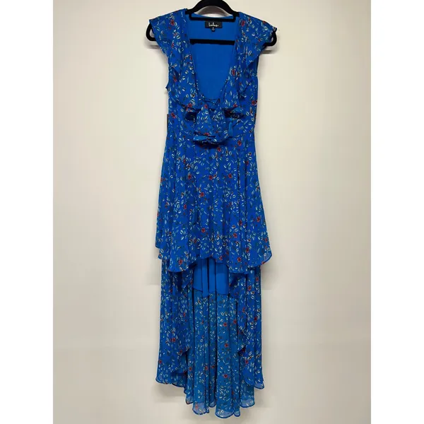 Lulus Blue‎ Floral High Low Maxi Dress Ruffle Medium Wedding Guest Vacation Euro - Image 2