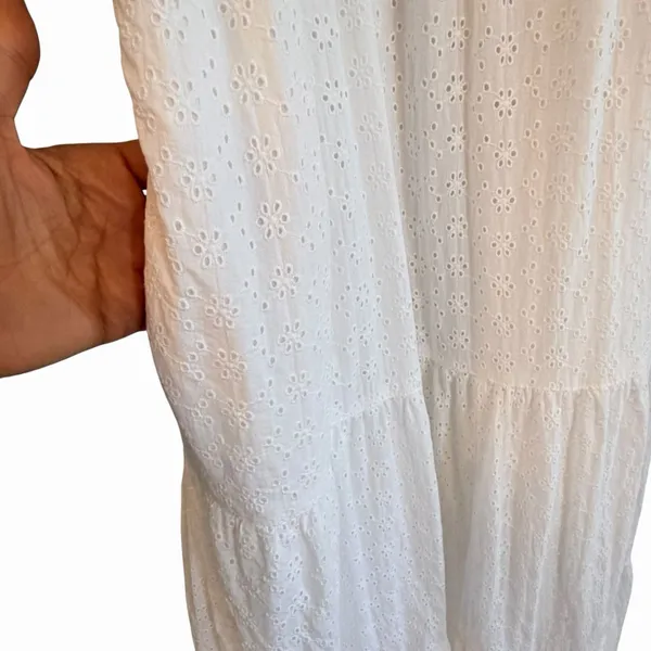The Drop White Boho Cottage Eyelet Tiered Maxi Dress Size XS Cotton Coastal - Image 5