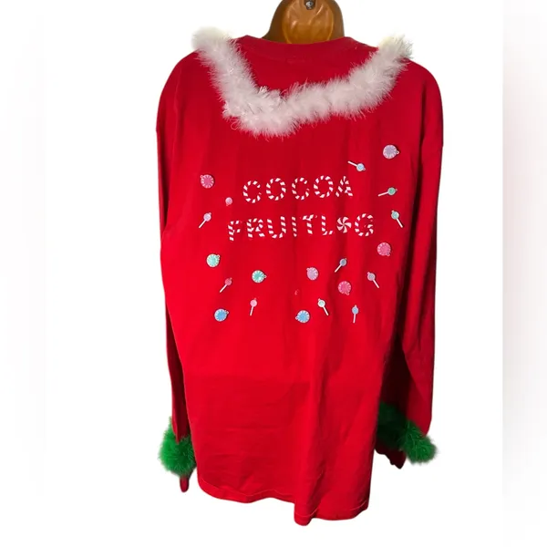 Gildan Christmas DIY Long Sleeve Holiday Top Feather Trim Candy Appliqué Red L - Image 2