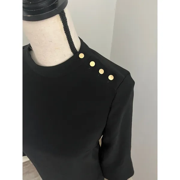 H&M Black Mock Neck Shift Dress 2 Button Bell Sleeve‎ Office Chic Preppy Minimalist - Image 3