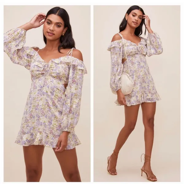 ASTR The Label Anastasia Cutout Mini Dress Small Ivory Lilac Floral Cottagecore - Image 4