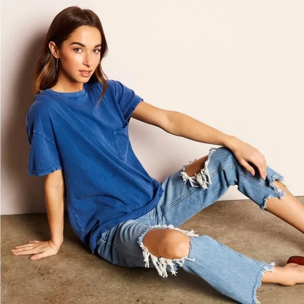 Free People Distressed Mid Rise Maggie Straight Leg Jeans in Blue Size 26‎ - Image 3