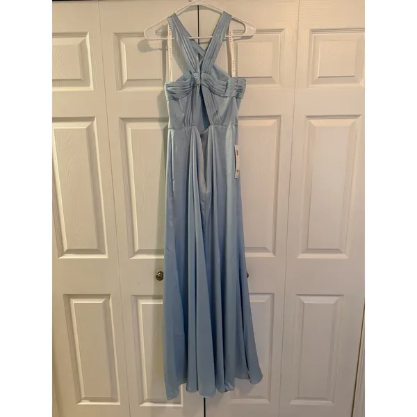 Azazie Rue Sky Blue Mermaid Pleated Metallic Satin Dress A6 Size 6 New with Tags - Image 11