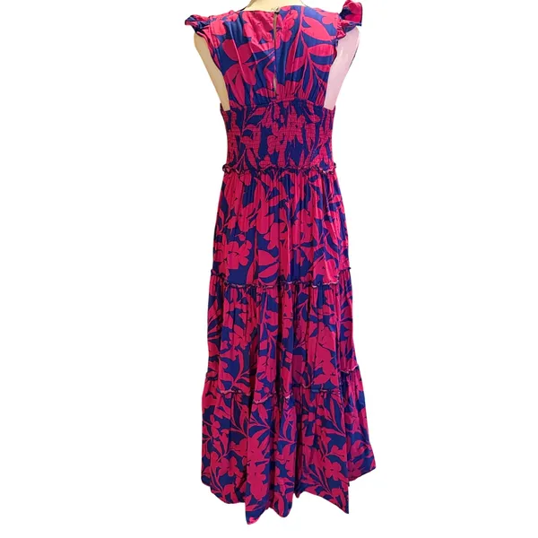 Abel The Label Pink Blue Floral Smocked Tiered Maxi Dress‎ Ruffle Sleeve Medium - Image 3