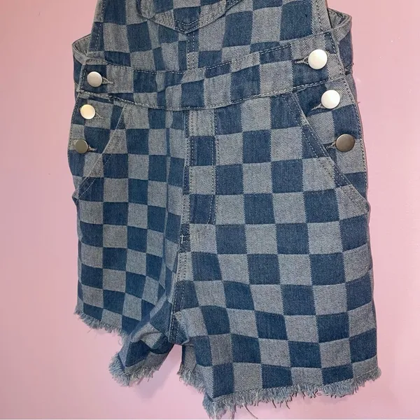 Pink Lily Checkered Denim Overalls Women XS Oversized Kidcore Artsy Maximalist - Image 4