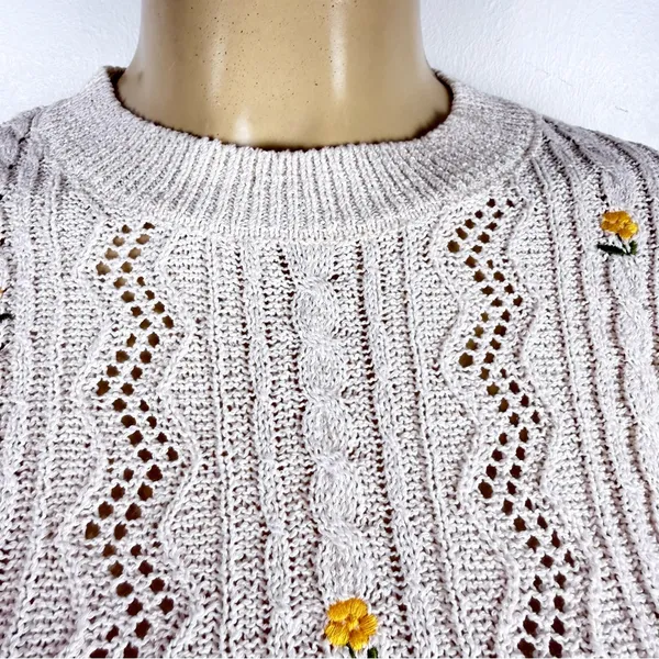 Zara Crop Embroidered Sweater Sz S Cream Flowers - Image 7