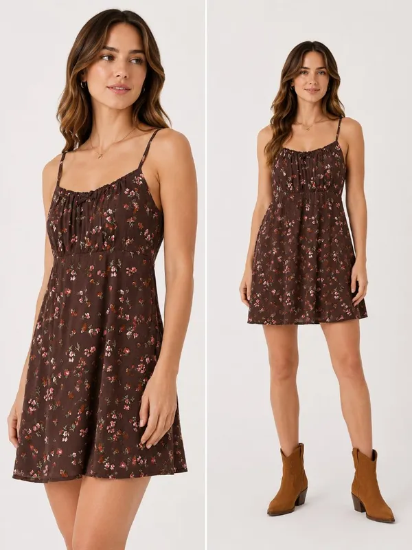 Brown Floral Mini Dress - Image 2