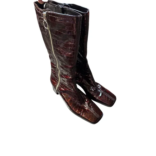 Aquatalia Croc Embossed Patent Leather Square Toe Mid Calf Boots - Image 3
