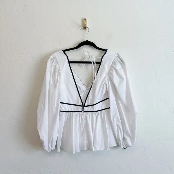 Staud | NWT Luna Contrast Peplum‎ V-Neck Open Back Top in White & Black - Image 3