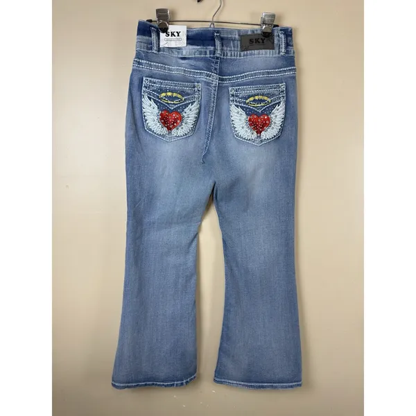 NWT SKY Flare Jeans Women Size 13 Super Soft Angel Wings Red Heart Rhinestone - Image 2