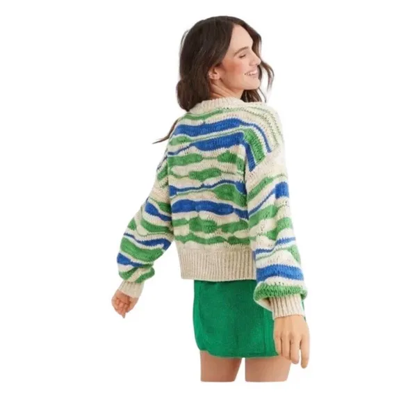 Aerie Wavy Stripe Sweater Womens S Green Blue Cream Chunky Knit Wool Blend Boho - Image 2