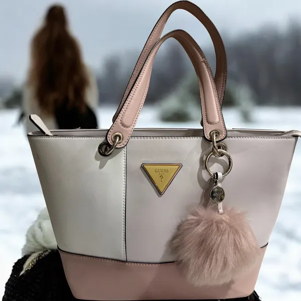 Guess Blush & Cream Colorblock Tote Bag Gold Logo Charm Pom Pom Large - Image 7