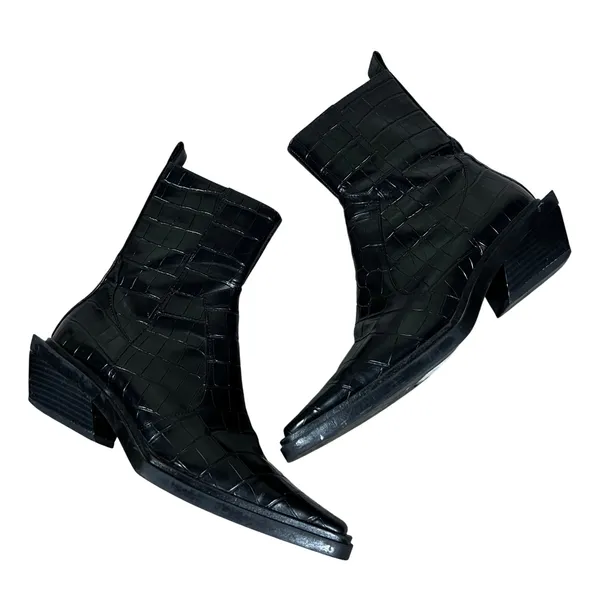 Zara Croc Embossed Square Toe Ankle Boots Black Architectural Heel Size 38 / 7.5 - Image 2