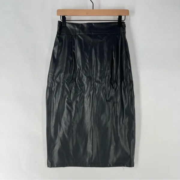 Shein Elegant Black Faux Leather High‎ Rise Front Skit Women's Midi Pencil Skirt - Image 8
