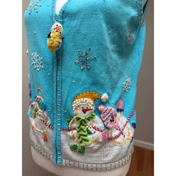 Vintage Berek Ugly Christmas Sweater Vest Small Snowman Embroidered Jingle Bells - Image 8