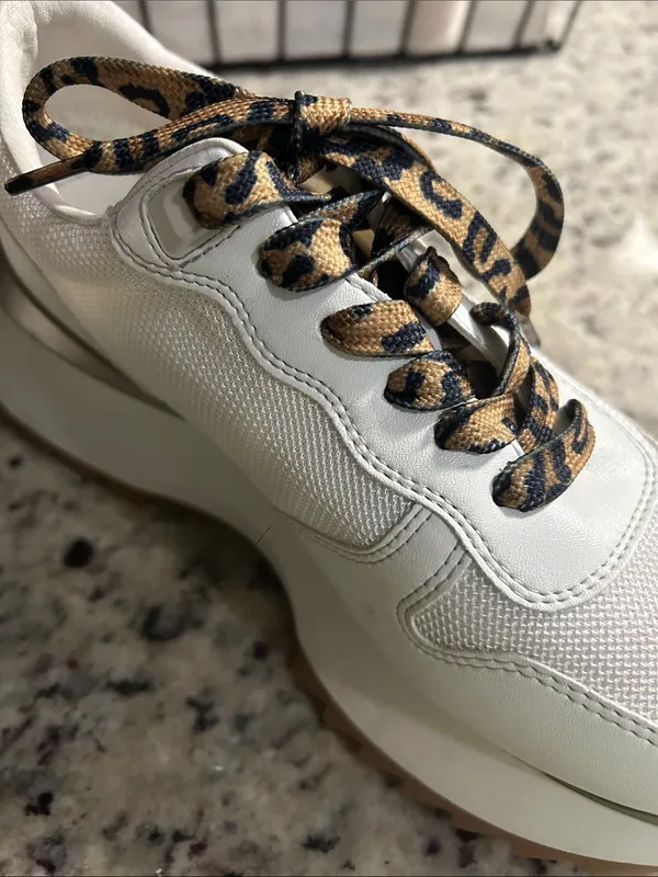 Vintage Havana Cream and Tan Platform Sneakers with Leopard Laces - Image 3