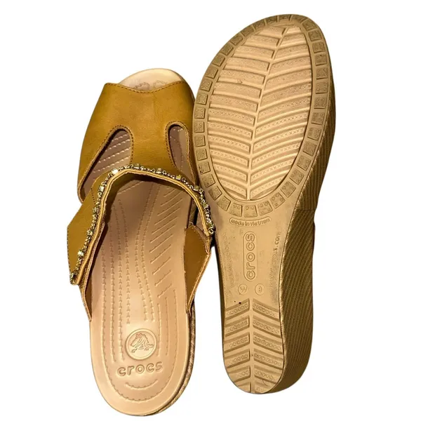Crocs Gold Wedge Sandals Women's Size 9 Rhinestone Comfort Slides Metallic‎ - Image 6