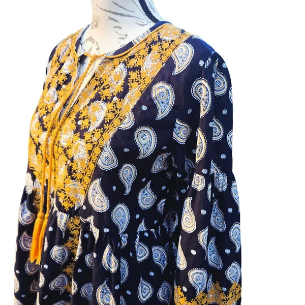 Roller Rabbit Navy Paisley Embroidered Cotton Tunic Dress‎ Yellow Tassels Medium - Image 2