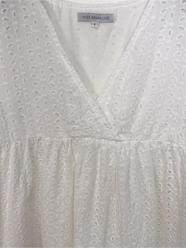 Miss Sparkling White Eyelet Embroidered Ruffle Sleeve Babydoll Mini Dress - Image 3