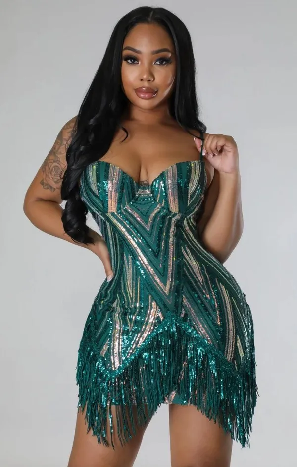 Sequin pattern irregular fringed hem cocktail party dres Green Size 2X - Image 2