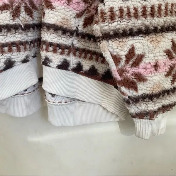 Aerie Sherpa Half Zip Pullover Snowflake Print Teddy Fleece Size M Pink Brown - Image 7
