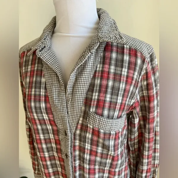 Free People Flannel Shirt Red And Gray Button Down Lined Size S - Image 6