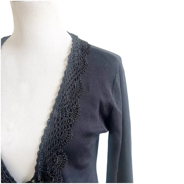 Joseph A. Vintage Knitted Cardigan Size Small Black Crochet Tie Front Whimsygoth - Image 6
