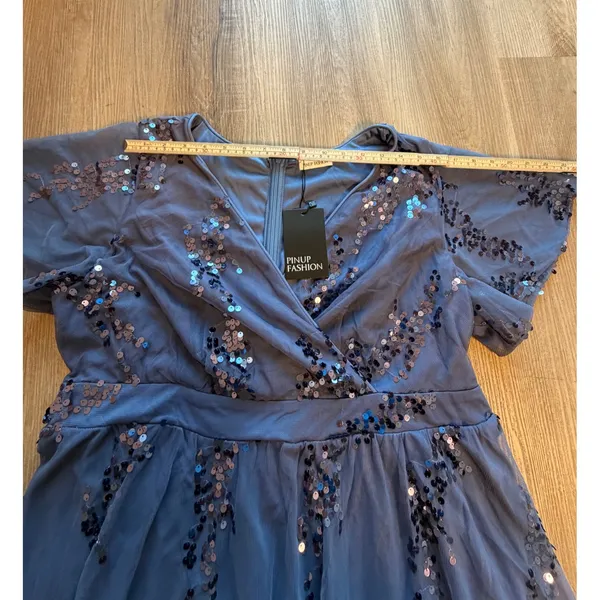 Pinup Fashion Blue Sequin Mesh Maxi Dress Plus Size 18W Flutter Sleeve V-Neck - Image 7