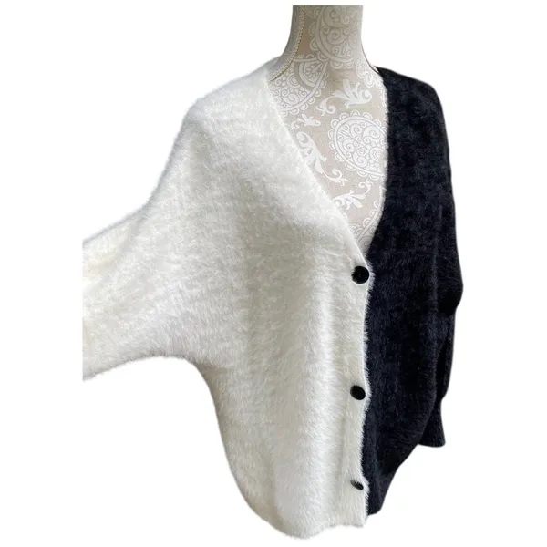 Black White Colorblock Fuzzy Cardigan Sweater Size XL Oversized Drop Shoulder - Image 5
