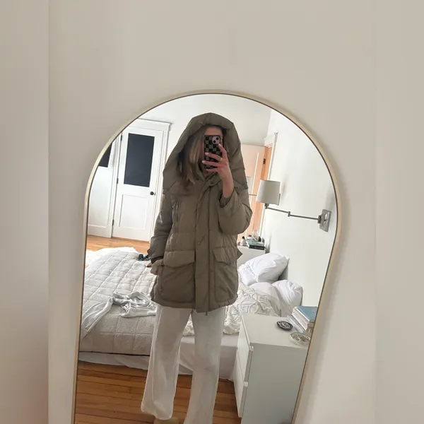 ZARA light brown olive puffer coat size SMALL with hood - Image 9