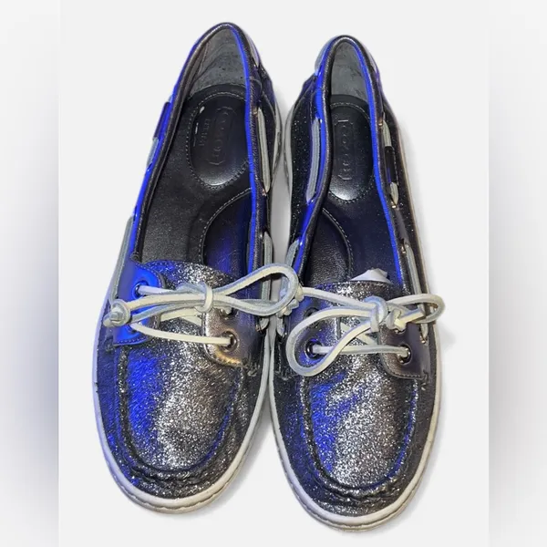 Coach Richelle boat shoes in a metallic silver glitter finish size 8B, new years - Image 2