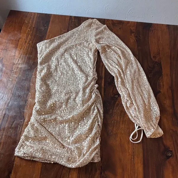 Champagne Gold Sequin One Shoulder Mini Dress Ruched‎ Balloon Sleeve Small - Image 3