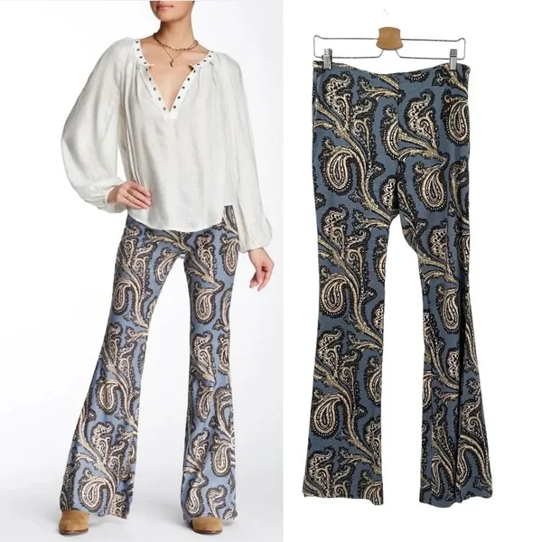 Free People Paradise Printed Linen Blend Pants Blue Combo Size‎ Small - Image 2