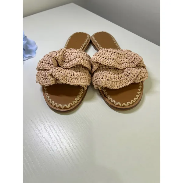 Tory‎ Burch Ruffled Raffia Slide Sandals Natural Woven Flat 135087 Size 7M w box - Image 4