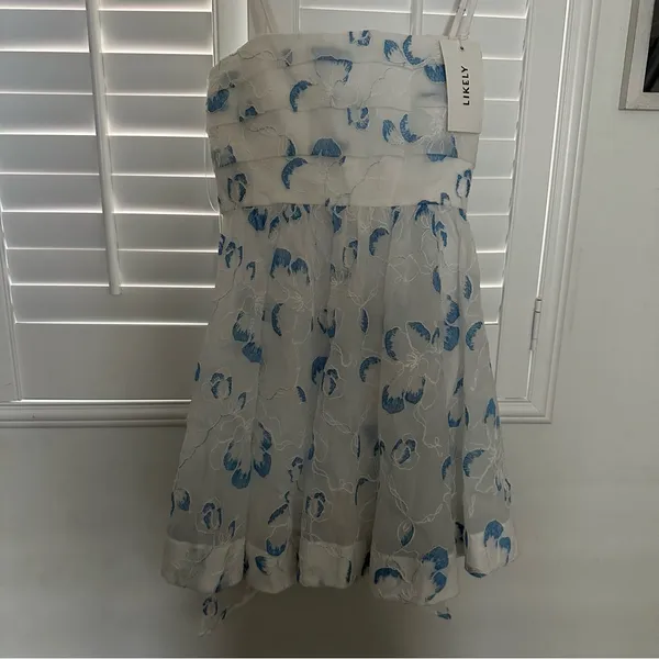Likely Kia Dress 8 White Blue Organza Floral Flare Tie Back Bridal Bride - Image 8