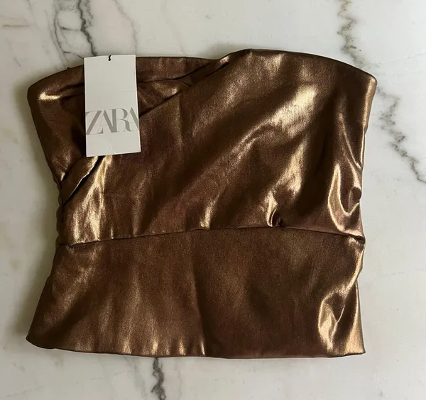 ZARA Metallic Bronze Ruched Tapered Strapless Top - Image 6