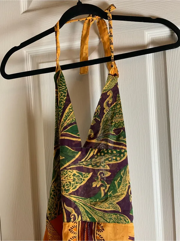Raj 100% Silk Boho Halter Dress Size S Multi-Color Patchwork India - Image 7