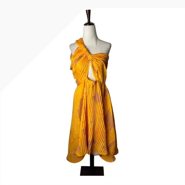 Isi Brown Dress women Medium Yellow Pleated One Shoulder Cutout Asymmetric‎ Midi - Image 4