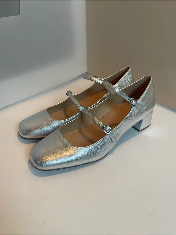 Madewell Silver Metallic Leather Double Strap Nettie Heeled Mary Jane Shoes 8.5 - Image 5