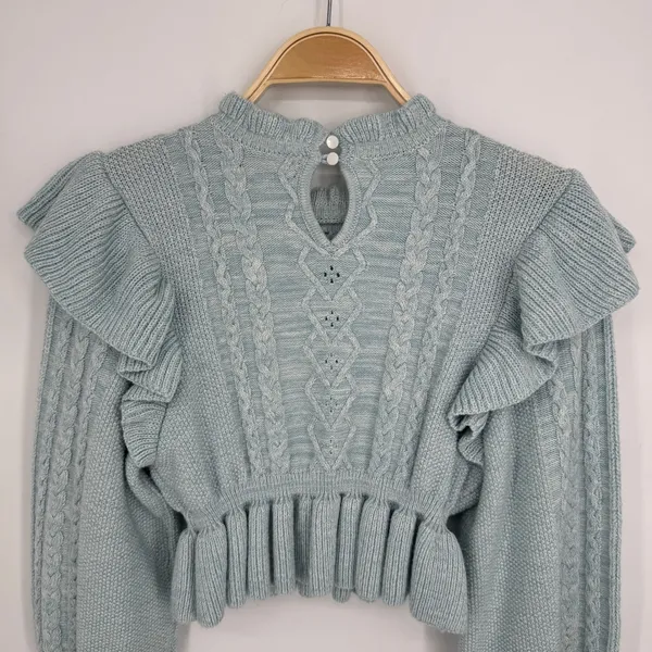 MAJORELLE Langley Cable Ruffle Sweater Small Blue Coquette Cottagecore Boho - Image 8