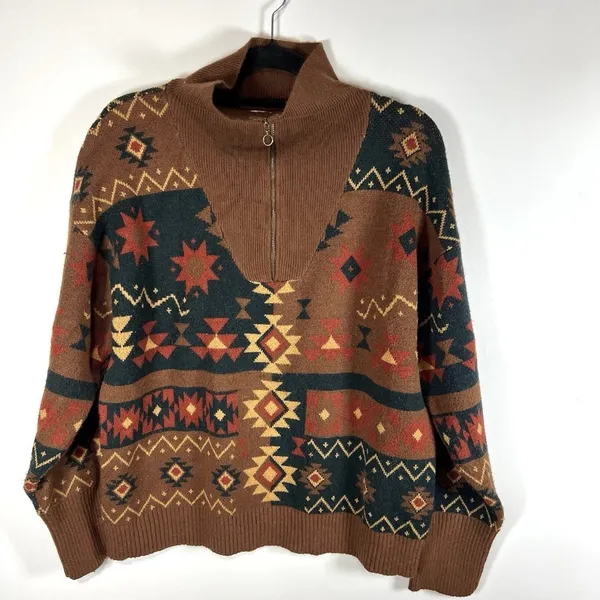 BKE Western Pullover Sweate 3/4 Zip Women's Size Large Boho Aztec Brown Soft‎ - Image 3