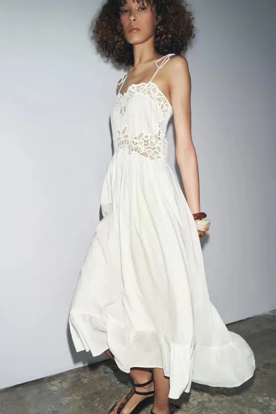 Zara White Lace Cotton Flowy Summer Bohemian Midi Dress - Image 10
