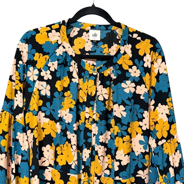 Cabi Busy Blouse 4158 Floral Button Front Balloon Sleeve‎ Black Teal Mustard L - Image 6